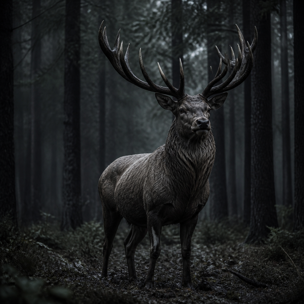 A powerful wild stag standing alert in a wet forest
